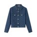 Women's Jacquard Denim Jacket | Oversized Boyfriend Style | Polo Collar Short Coat (Blue) – Fall Essential_mkmklike.com
