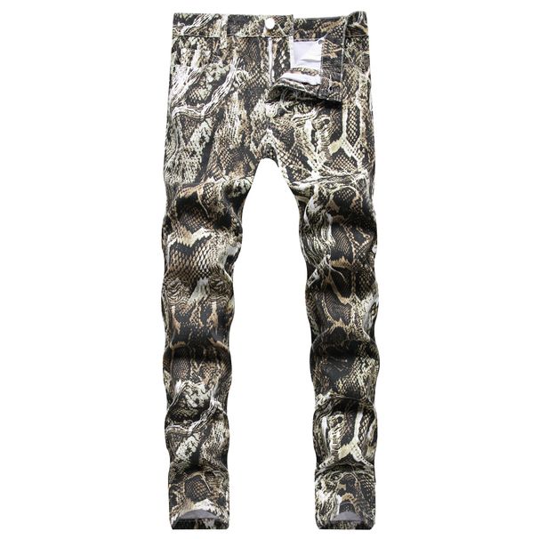 Men's Snake Print Skinny Jeans – Hip-Hop Performance Pants With Reptilian Texture (Stretch Denim, Mid-Rise, Clubwear)_mkmklike.com