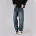 Men's Loose Fit Straight Leg Vintage Washed Denim Jeans With All-Over Print, Comfortable Cotton Casual Pants For Teenagers_mkmklike.com
