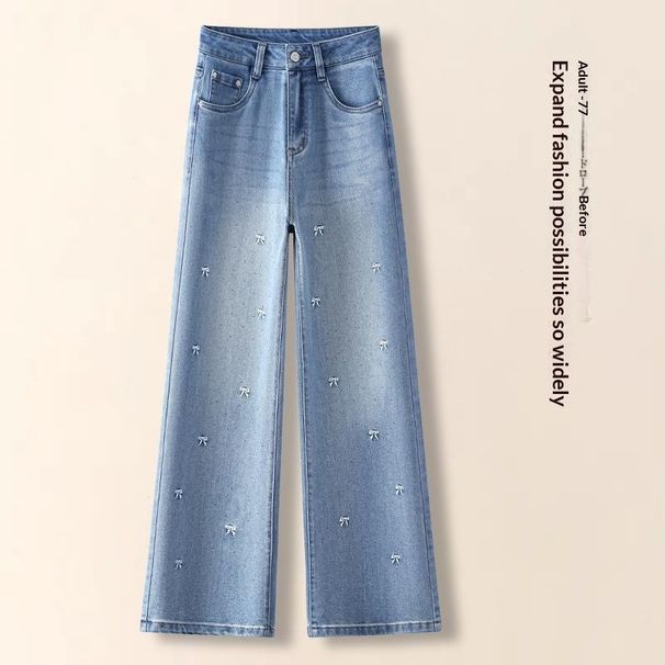 Light Blue Rhinestone Embroidered Straight-leg Jeans For Women, Spring And Autumn 2026 New High-waisted Slim-fit Narrow_mkmklike.com