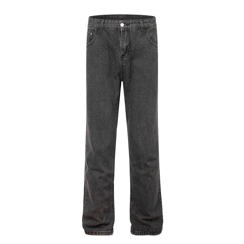 Men's Washed Heavyweight Black Jeans Relaxed Straight-Leg High Waist Cotton Non-Stretch Streetwear Jeans_mkmklike.com