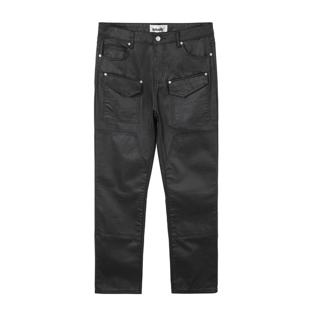 Waxed Coated Jeans For Men, Casual Multi-Pocket Cargo Slim Straight Pants, High Street Trend Solid Color Trousers_mkmklike.com