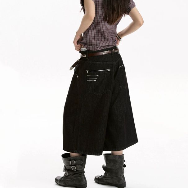 Retro American Denim Black Cropped Shorts for Women Loose Wide Leg Simple Style New Summer Fashion Men And Women_mkmklike.com