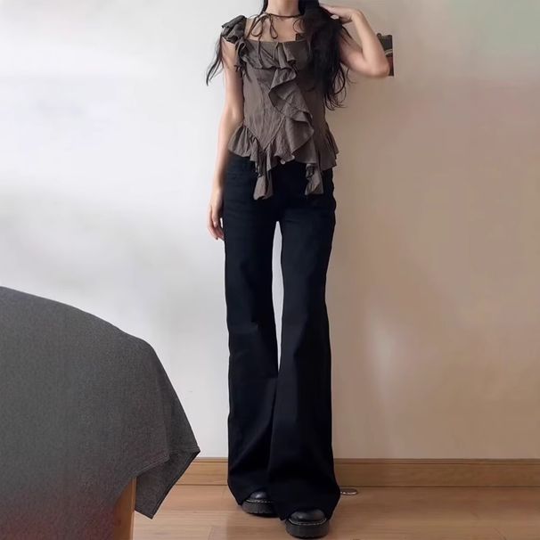 Black Micro-flared Jeans For Women, 2025 Summer New High Street Low-waist Petite Non-tight-fitting Bootcut Floor-length_mkmklike.com