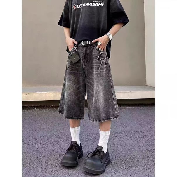 Vintage Washed Lightning Bolt Denim Shorts - Unisex Baggy 7/10 Length Jeans For Summer (Black/Blue, Sizes S-3xl)_mkmklike.com