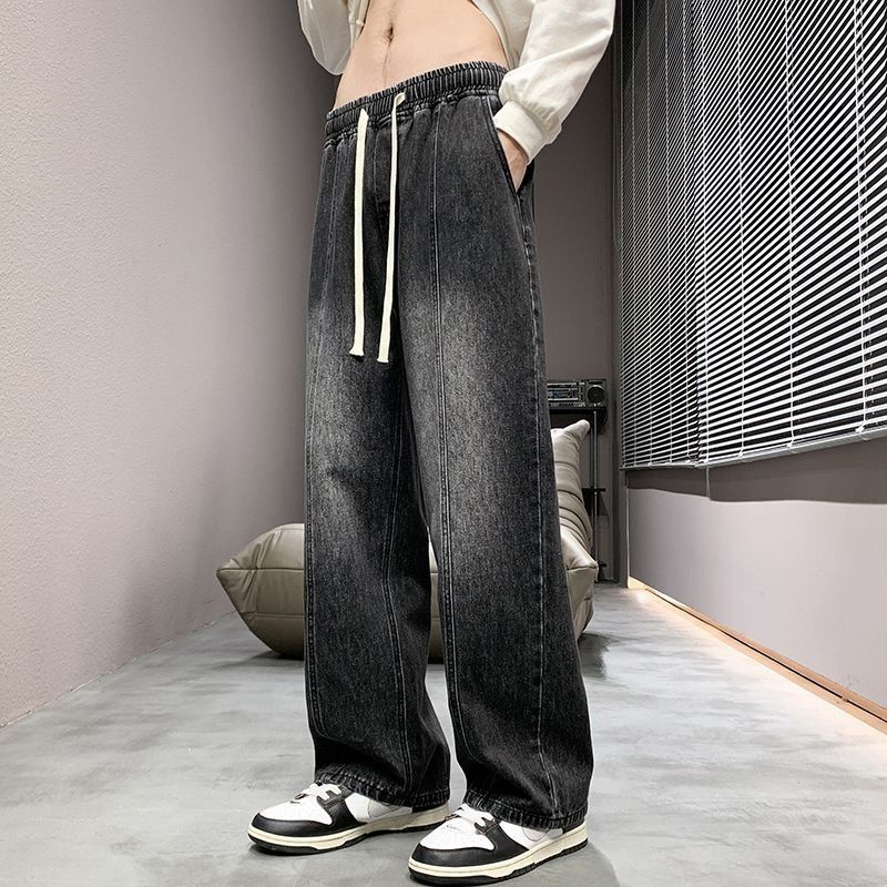 Men's Patchwork Jeans Loose Straight Leg Spring Autumn American High Street Style Versatile Yellow Mud Dye Wide Leg Pants_mkmklike.com