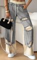 Women's Clothing Lace Up Spring And Summer Hong Kong Style Trendy Individual Street Thin Ripped Double Layer Color Straight Jeans_mkmklike.com