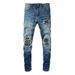 Men's Clothing Washed Cat Whisker Wrinkled Hole Patchwork Leather Elastic Slim Fit Skinny Jeans_mkmklike.com