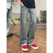 Men's Retro Lightning Bamboo Pattern Jeans Summer Thin Straight Leg mid Waist Cotton Cargo Pants Black Blue Wide Leg Vibe_mkmklike.com