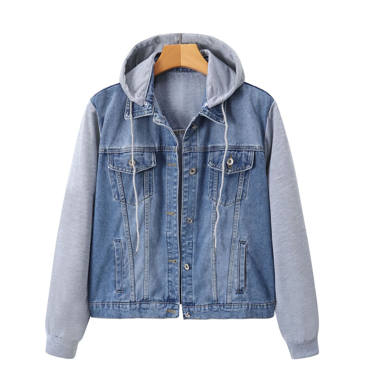 Women's Oversized Denim Hooded Jacket With Patchwork Design - Comfortable Loose Fit Casual Coat (1XL-5XL)_mkmklike.com
