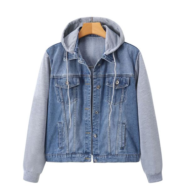 Women's Oversized Denim Hooded Jacket With Patchwork Design - Comfortable Loose Fit Casual Coat (1XL-5XL)_mkmklike.com