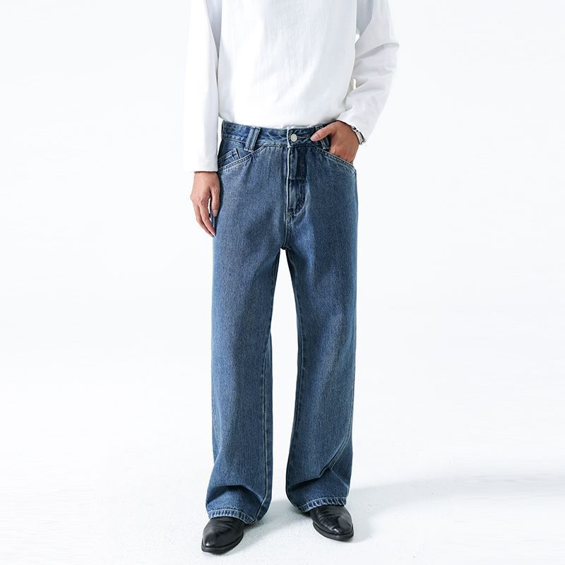 Men's Clothing Washed Structure Jeans Midweight Wide Leg Pants European American Minimalist Old Money Style Blue Black Cotton Jeans_mkmklike.com
