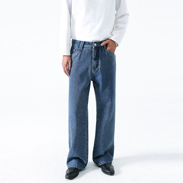 Men's Clothing Washed Structure Jeans Midweight Wide Leg Pants European American Minimalist Old Money Style Blue Black Cotton Jeans_mkmklike.com