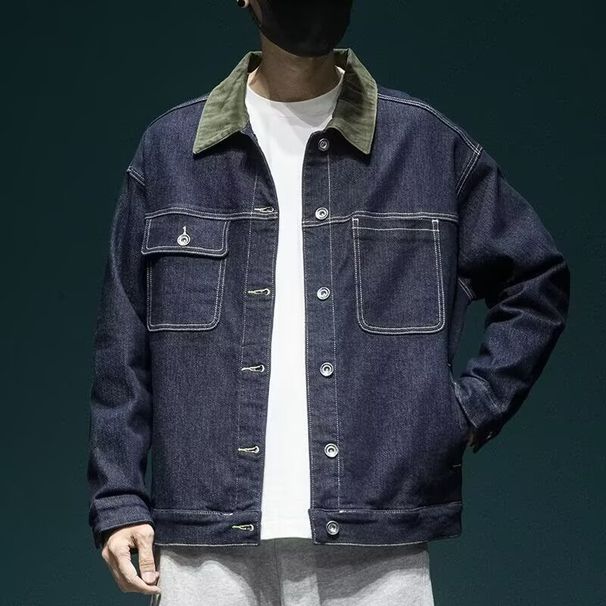 Original Color Washed Denim Jacket, Men's Loose Collar Jacket, Workwear Denim Jacket_mkmklike.com