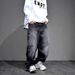 Men's Clothing Black And Gray Retro Splatter Paint Loose Wide Leg Jeans For Men, Japanese Style Trendy Cool Loose Straight Leg Plus Size Trousers_mkmklike.com