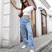 Women's Washed Workwear Cargo Pants With Ribbon Detail - High Waist Straight Leg Denim Pants For Casual Streetwear_mkmklike.com