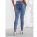 Women's Slim Fit Stretchy Blue Denim Pants Distressed Design Frayed Edges Fashionable Versatile Jeans_mkmklike.com
