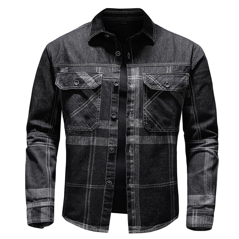 Pulse European American Plus Size Spring And Autumn Plaid Denim Long Sleeve Shirt For Men Youth Casual Loose Workwear_mkmklike.com