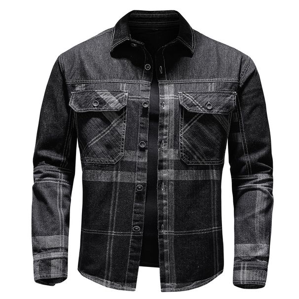 Pulse European American Plus Size Spring And Autumn Plaid Denim Long Sleeve Shirt For Men Youth Casual Loose Workwear_mkmklike.com