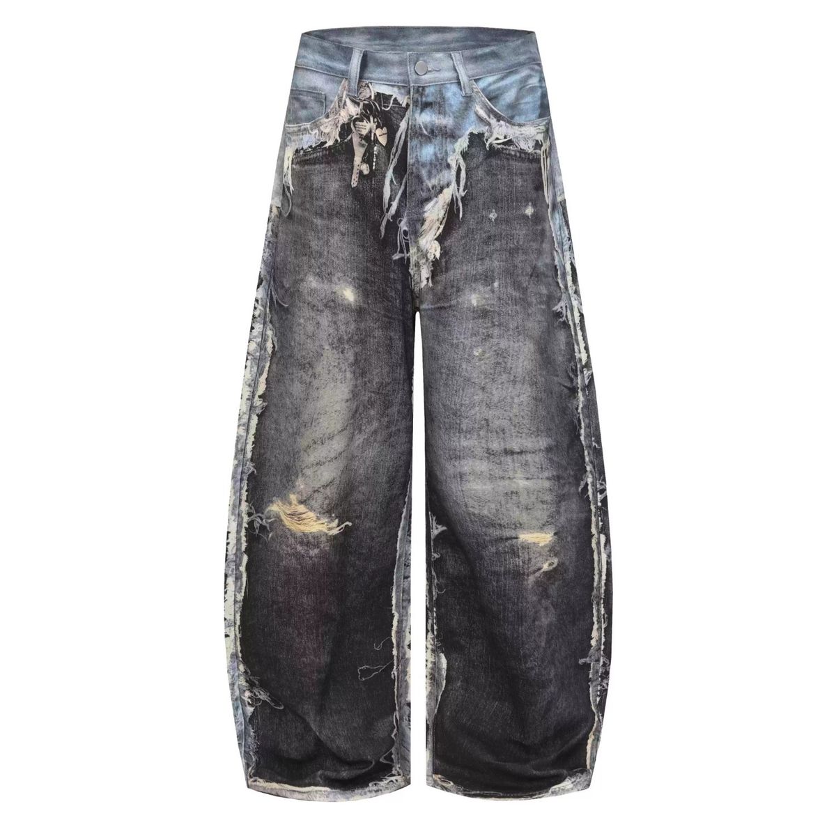 Men's American Style Distressed Faux Leather Two Piece Set Baggy Street Style Loose Wide Leg Pants 3D Digitally Printed_mkmklike.com
