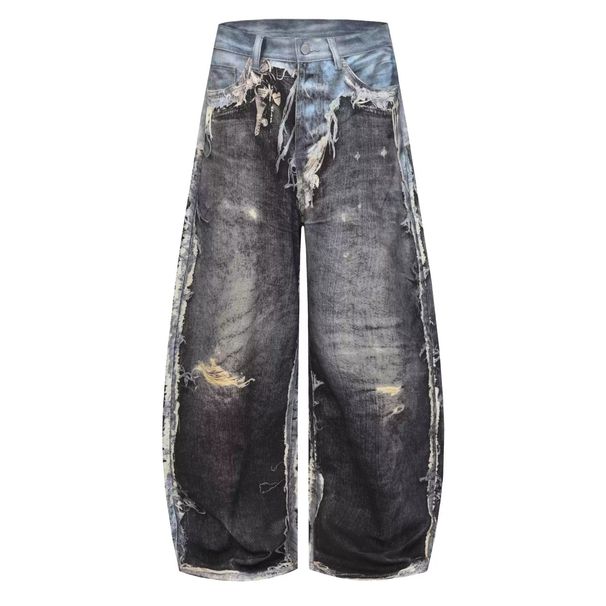 Men's American Style Distressed Faux Leather Two Piece Set Baggy Street Style Loose Wide Leg Pants 3D Digitally Printed_mkmklike.com