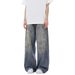 Retro Washed High Street Denim Pants - Men's Loose Straight-Leg Jeans (Polyester, Distressed Blue, Streetwear Style)_mkmklike.com