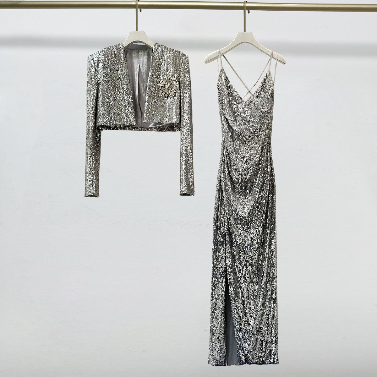 Women's clothing celebrity style sequin badge quality top cardigan jacket + suspender dress_mkmklike.com