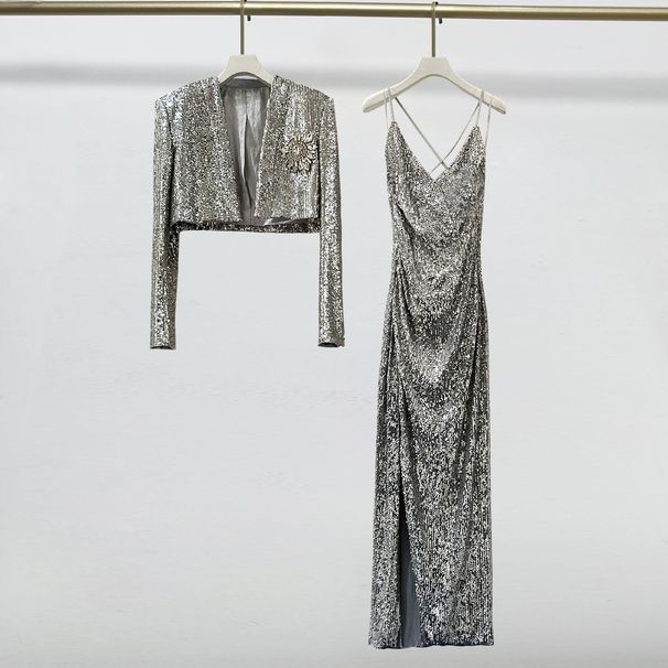 Women's clothing celebrity style sequin badge quality top cardigan jacket + suspender dress_mkmklike.com