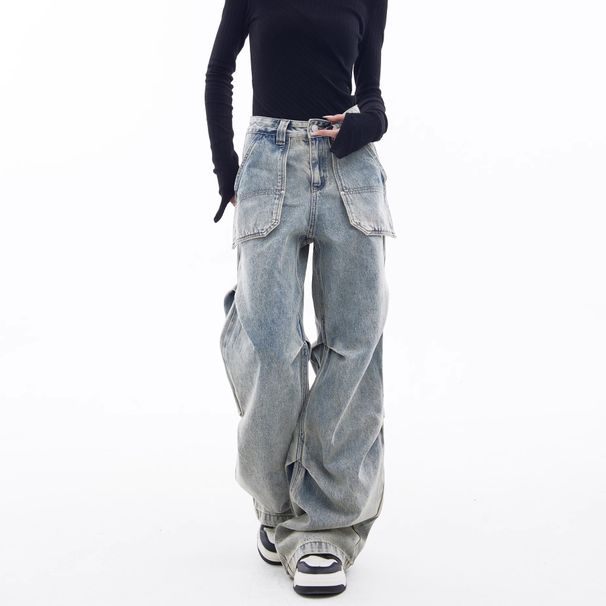 Men's Washed Cargo Jeans Straight Leg Loose Fit Wide Leg American High Street Style Trendy Cool Pleated Retro Trousers_mkmklike.com