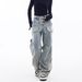 Men's Washed Cargo Jeans Straight Leg Loose Fit Wide Leg American High Street Style Trendy Cool Pleated Retro Trousers_mkmklike.com