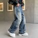 Vintage Distressed Men's Relaxed Fit Wide Leg Jeans | High Street Style | Handmade Ripped Details | Comfortable Cotton Denim_mkmklike.com