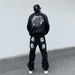 Unisex Streetwear Skull Print Denim Jeans - Loose Fit Straight Leg Hip Hop Pants For Men & Women_mkmklike.com