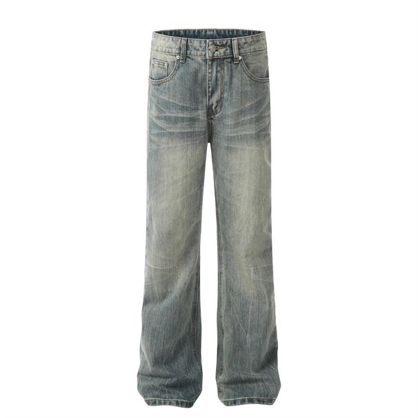 American Style Vintage Washed Gradient Denim Men's Dad Street Fashion Punk Casual Loose Straight Pants_mkmklike.com