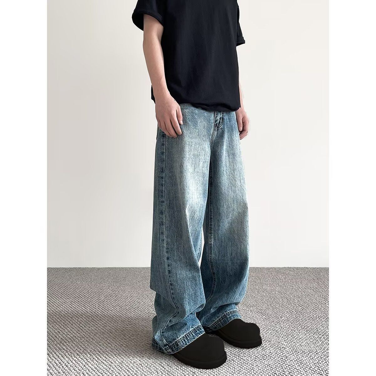 Vintage Washed Denim Jeans For Men - Straight Leg With Slight Flare, Cleanfit High Street Style, Comfortable Cotton Fabric, Blue (Sizes S-3xl)_mkmklike.com