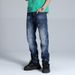 Men's Relaxed Fit Vintage Washed Denim Jeans - Dark Blue With White Fading, Cotton Comfort, Straight Leg Casual Trousers_mkmklike.com