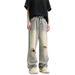 Men's Retro American Yellow Muddy Dye Ripped Jeans Thin Washed Straight Wide Leg Pants Summer Drape_mkmklike.com
