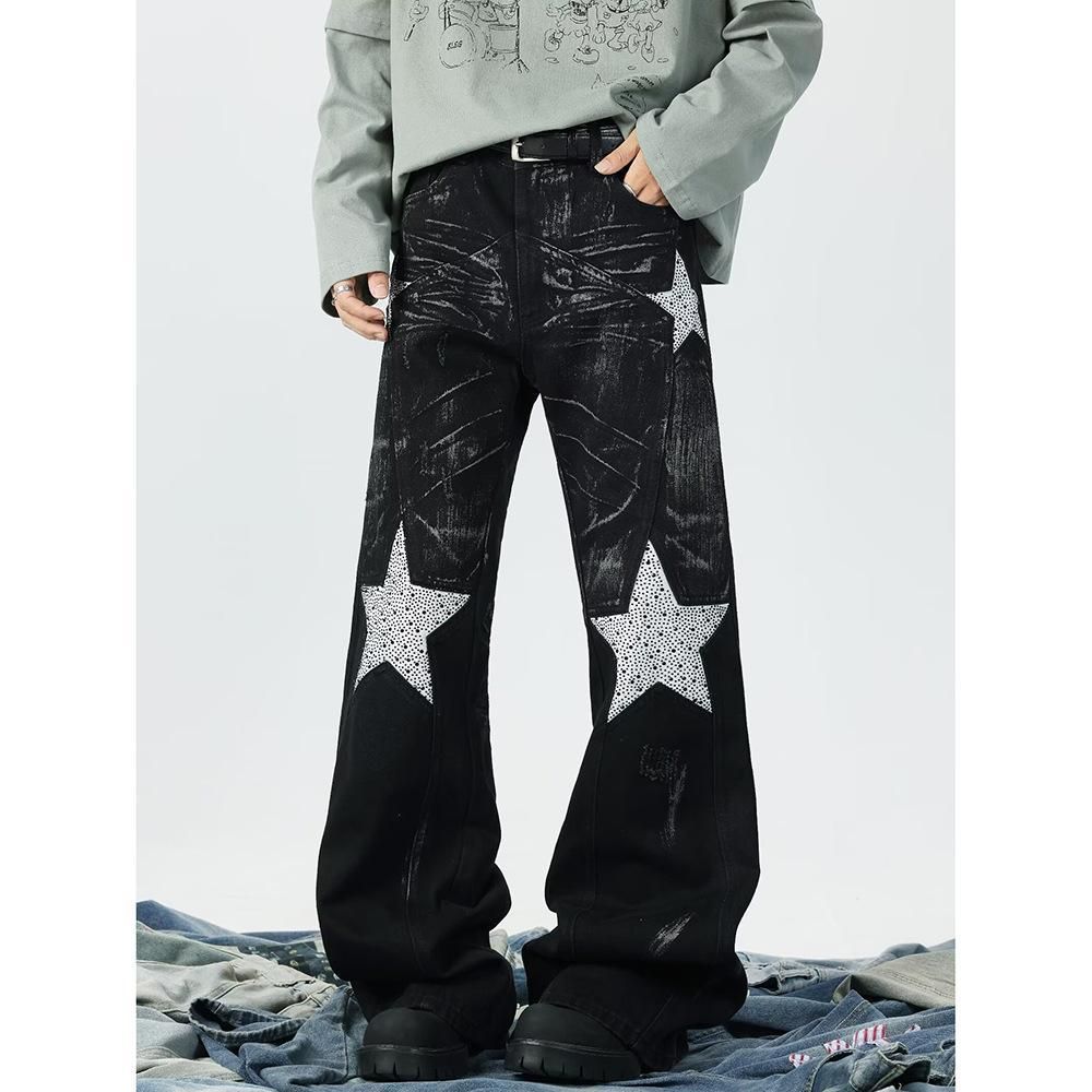 "Star-Embellished Denim Pants – Slim Straight Bootcut Jeans For Men (S-3XL, Vintage Black Wash)"_mkmklike.com
