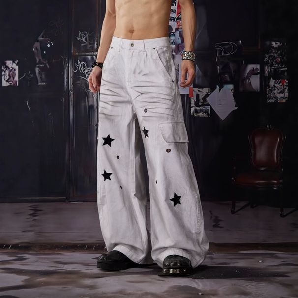 Utility Cargo Pants With Star Patches Multi-Pocket Distressed Wide-Leg Jeans Unisex Streetwear Aesthetic_mkmklike.com