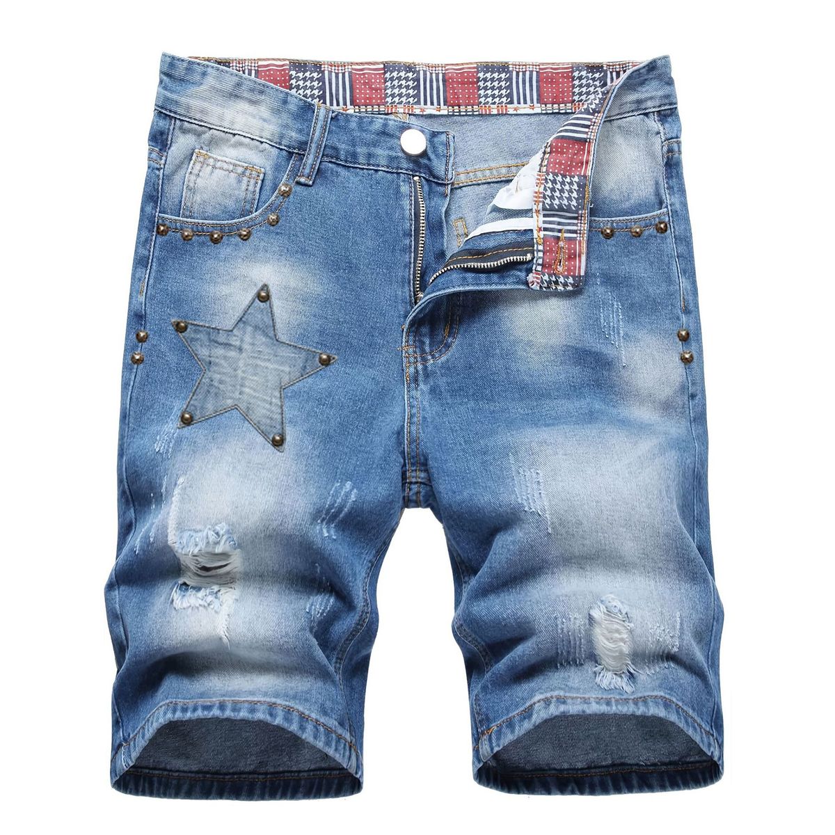 Laike Men's Ripped Denim Shorts Mid-Length Straight Leg Summer Thin Trendy Studded Cross Border American Style_mkmklike.com