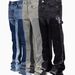 Men's Clothing Fashion Versatile Men's Denim Workwear Elastic Patch Laminated Flared Denim Straight Trousers_mkmklike.com