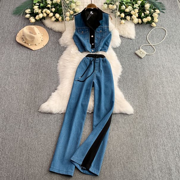 Fashion Denim Suit For Women In Summer Niche Contrast Color Suit Collar Sleeveless Vest Top Two Piece Suit High Waist Wide Leg Pants_mkmklike.com