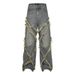Unisex Distressed Denim Jeans - High Street Washed Straight Leg Pants With Whiskering & Patchwork_mkmklike.com