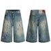Men's Clothing High Street Neutral High End Retro Hand Painted Ink Design Loose Men's Seven Point Denim Shorts_mkmklike.com
