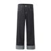 American Style Striped Patchwork Rolled Hem Straight Jeans Unisex Loose Wide Leg Trendy Brand Vibe Floor-Length Pants_mkmklike.com