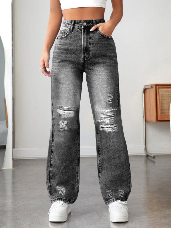 Women's Clothing Pocket Ripped Casual Denim Wide Leg Pants_mkmklike.com