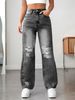 Women's Clothing Pocket Ripped Casual Denim Wide Leg Pants_mkmklike.com