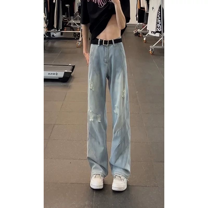 Men's Clothing Men's Retro Blue Shark Gill Ripped Jeans High Street Style Summer Wide Leg Straight Trousers_mkmklike.com