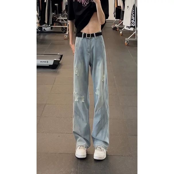 Men's Clothing Men's Retro Blue Shark Gill Ripped Jeans High Street Style Summer Wide Leg Straight Trousers_mkmklike.com