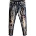 Trendy Brand Embroidered Jeans Men's Slim-fitting Straight Elastic Retro Embroidered Hole Patch Personalized Spring And Summer Trendy Men's Pants_mkmklike.com