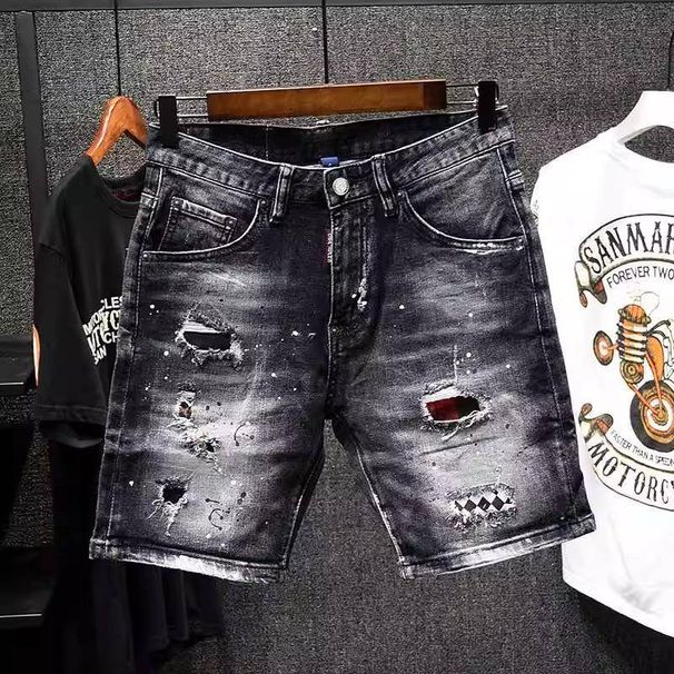 Men's Splatter Paint Denim Shorts – Korean Streetwear Destroyed Black Cutoff 5-Inch Inseam (28-36) – Slim Fit Acid Wash For Urban Art & Skate Scenes_mkmklike.com